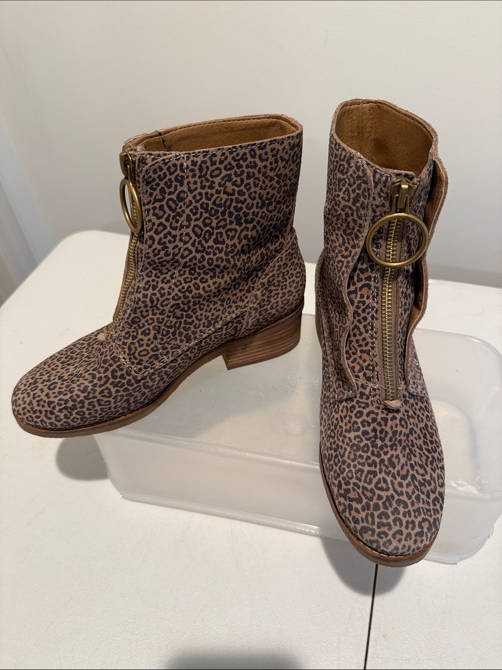 Lucky Brand Tibly Leopard Animal Print Front-Zip Suede 2” Heel Autumn Bootie 8